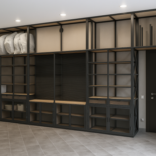 Большой стеллаж лофт для хранения из металла и дерева