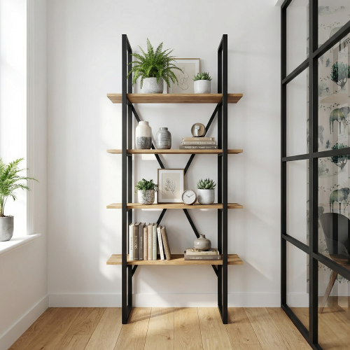 Узкий стеллаж с  дубовыми полками