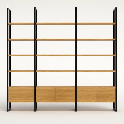 Стеллаж из трех секций с выдвижными ящиками