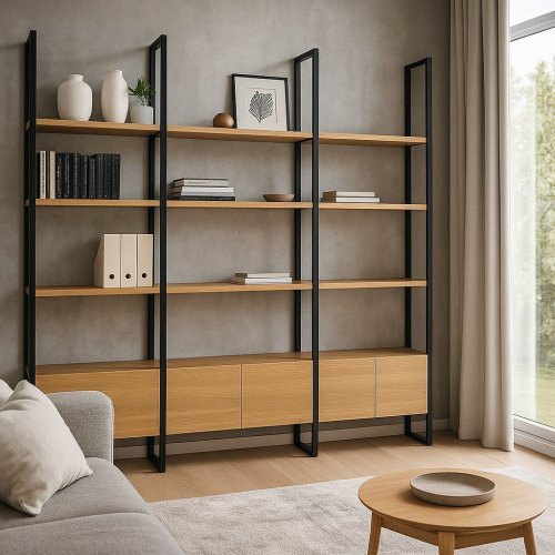 Стеллаж из трех секций с выдвижными ящиками