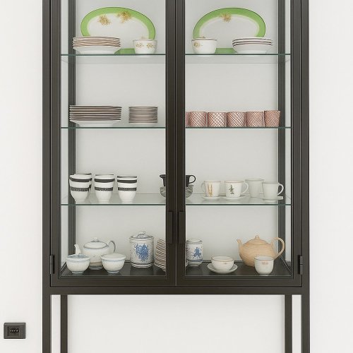 Шкаф лофт из металла и стекла для хранения посуды