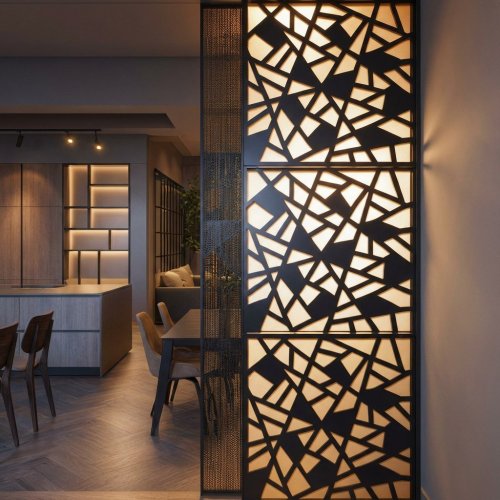 Стационарная резная перегородка из металла и матового стекла / рисунок IDENT N A-011